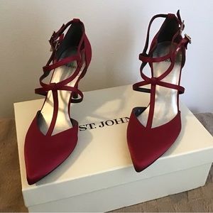 St. John Scarlet Red Strappy Pointed Toe Pumps Size 7 Box Dustbags Included